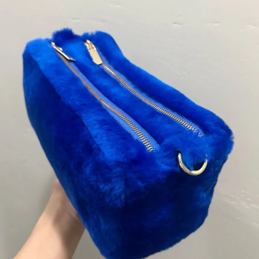 Premium Shearling Leather Double Zip Pillow Bag, Lamb Fur Shoulder Bag/Crossbody